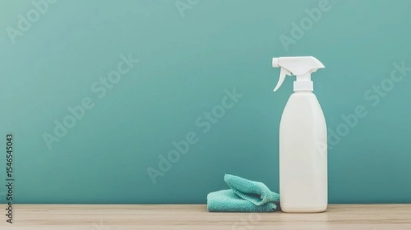 Fototapeta A minimalistic scene featuring a white spray bottle and a teal cleaning cloth against a soft teal wall, representing home cleanliness and organization in a modern setting.
