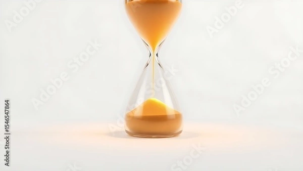 Obraz Close-up of glowing hourglass with golden sand flowing, symbolizing time passage and life expectancy, on minimalist white background with ample copy space. Concept of time management and life's fleeti