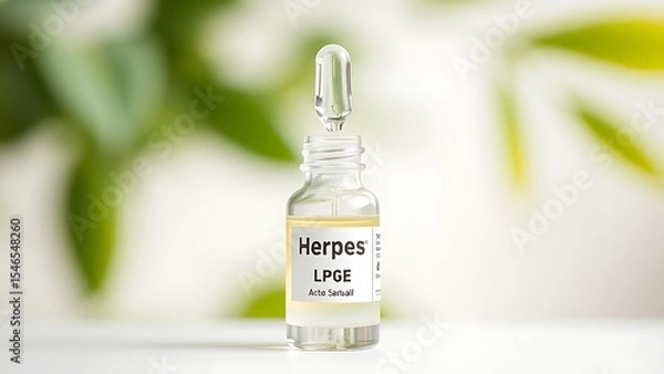 Obraz Small glass bottle with dropper containing clear liquid on white surface, representing herpes treatment concept. Natural and calming healthcare solution for medical and wellness themes.
