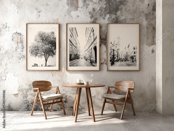 Fototapeta Modern Minimalist Interior Design: Stylish Black-and-White Décor with Wood Furniture and Artistic Wall Frames in a Contemporary Home or Cozy Café Space