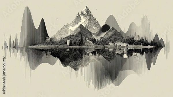 Fototapeta Artistic Representation of Mountains and Sound Waves in Black and White