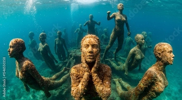 Fototapeta Intriguing underwater sculpture park displaying human figures and marine integration