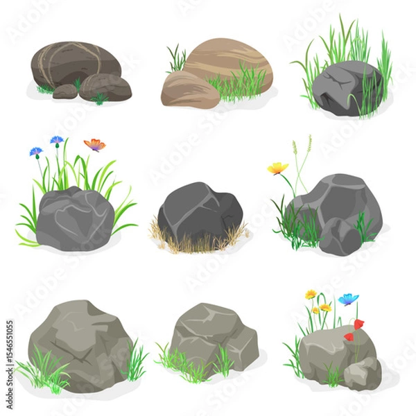 Fototapeta Rocks and stones with grass, flowers and butterfly collection set. Vector illustration