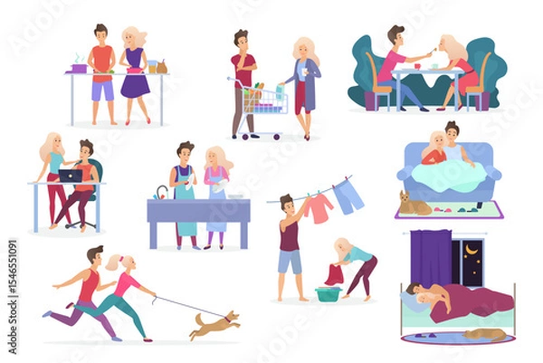 Fototapeta Set of vector loving couple activities. Cooking, shopping products, having dinner, working, relaxing, watching movie, romantic evening together, washing clothes, walking with pet dog, sleeping