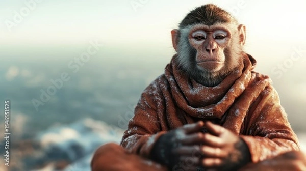 Fototapeta A majestic monkey, dressed in warm attire, sits in a meditative pose with a snowy landscape in the background, evoking a sense of tranquility and contemplation.