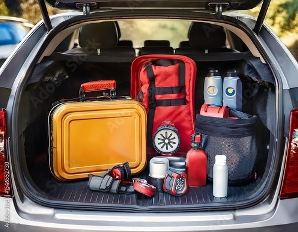 Obraz car emergency travel kit neatly organized inside the trunk of a modern car with essential safety items