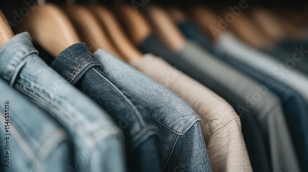 Fototapeta An organized array of stylish denim and casual clothing hanging on wooden hangers, offering a chic and fashionable display for a modern wardrobe collection in a contemporary setting.