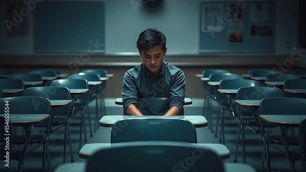 Obraz Student sitting alone in dimly lit classroom, surrounded by empty desks, conveying themes of isolation and school violence, highlighting emotional distress and vulnerability.
