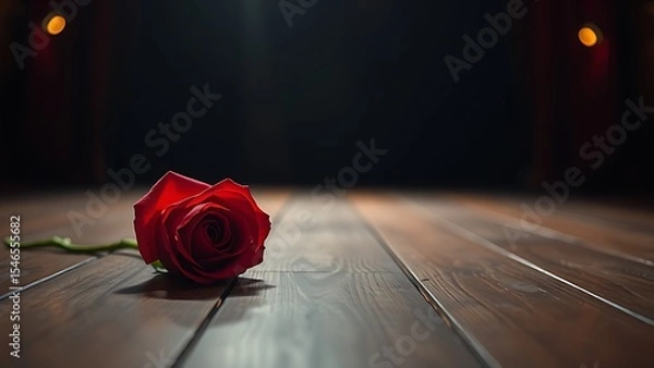 Obraz Single red rose on a wooden theater stage under spotlight, symbolizing the passing of an actress, evoking a sense of melancholy and theatrical nostalgia.