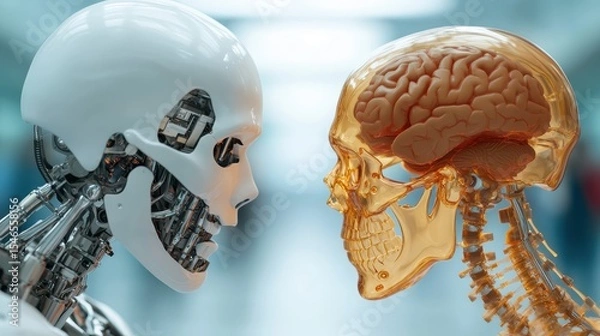 Fototapeta A striking representation of the contrast and connection between technology and humanity, showcasing a robotic head opposite a clear human skull, provoking thoughts on existence.