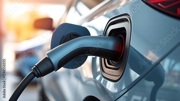 Obraz Close-up of an electric vehicle charging adapter connected to a sleek EV at a modern charging station, showcasing sustainable transportation and clean energy technology.