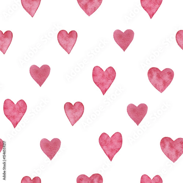 Fototapeta Seamless background on white with pink watercolor hearts simple small sloppy wet effect
