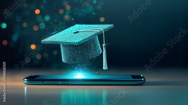 Fototapeta Graduation cap digitally appears above smartphone, symbolizing online education.