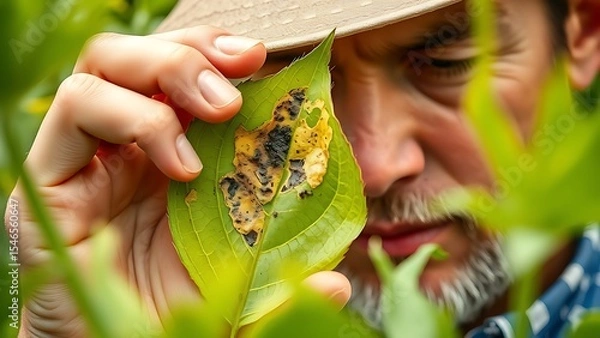 Obraz Close-up of a farmer inspecting a diseased plant leaf with visible pest damage, focusing on agricultural challenges, crop health, and sustainable farming practices.