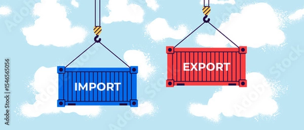 Fototapeta Cargo container import and export isolated. Freight shipping box hanging on crane hook. Realistic design. Flat style vector illustration. Red and blue color.