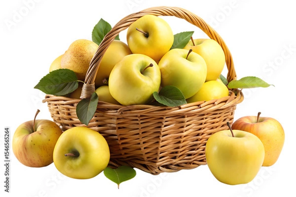 Obraz Yellow apples in wicker basket isolated on transparent background