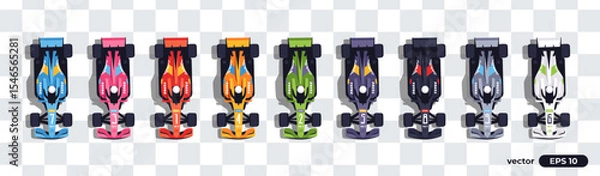 Fototapeta Top view racing cars set isolated. View from above. Cute cartoon transport with shadows. Modern vehicle. View from the bird's eye. Realistic car design. Flat style vector illustration.