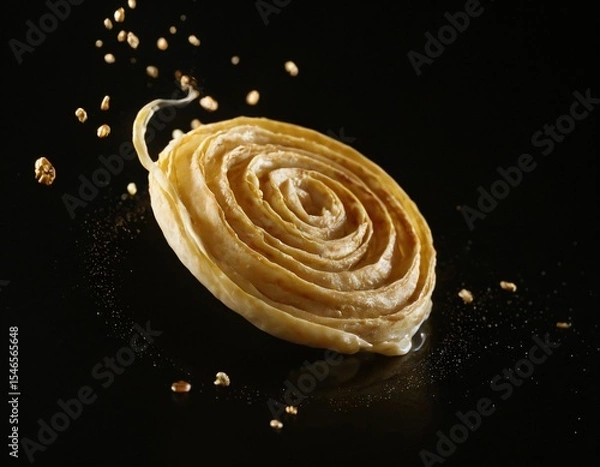 Fototapeta Delicate Rolled Pasta: A close-up studio shot captures the simple elegance of a coiled pasta strand sprinkled with golden beads, evoking culinary artistry. Ai generated image