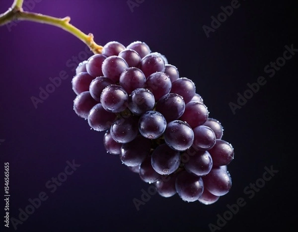 Fototapeta Dark Grapes on Purple Background: A single bunch of dark, juicy grapes hangs elegantly against a deep purple backdrop, each berry glistening with moisture. Ai generated image