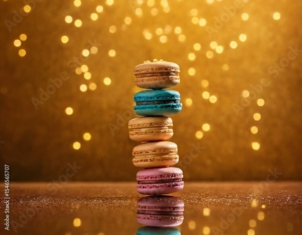 Fototapeta Macaron Tower: A tower of vibrant macarons, each a delightful explosion of flavor and color, stacked artfully against a background of golden bokeh lights. Ai generated image