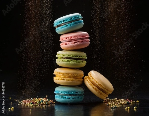 Fototapeta Colorful Macarons Tower: A delectable tower of vibrant macarons stands tall, each layer showcasing a different flavor and color, representing a symphony of sweet indulgence. Ai generated image