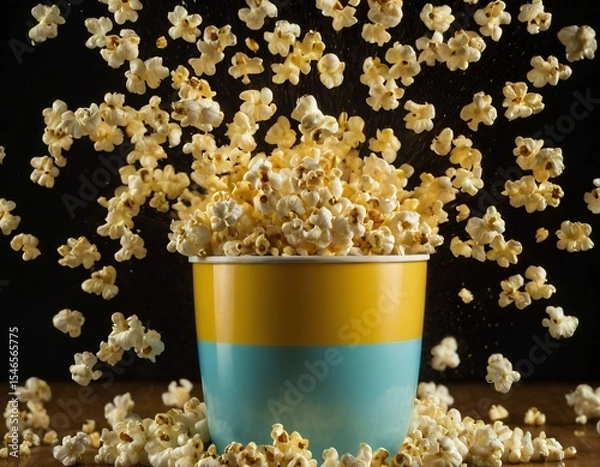 Fototapeta Popcorn Burst: A vibrant moment captured as popcorn spills forth from a colorful container, offering a delightful feast for the eyes. It captures the essence of cinema and treats. Ai generated image