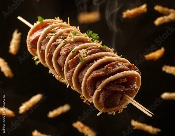 Fototapeta Steak Skewer with Crispy Fries: A delectable steak skewer, adorned with crispy fries and parmesan cheese, is artfully presented against a dark background. Steam rises, Ai generated image