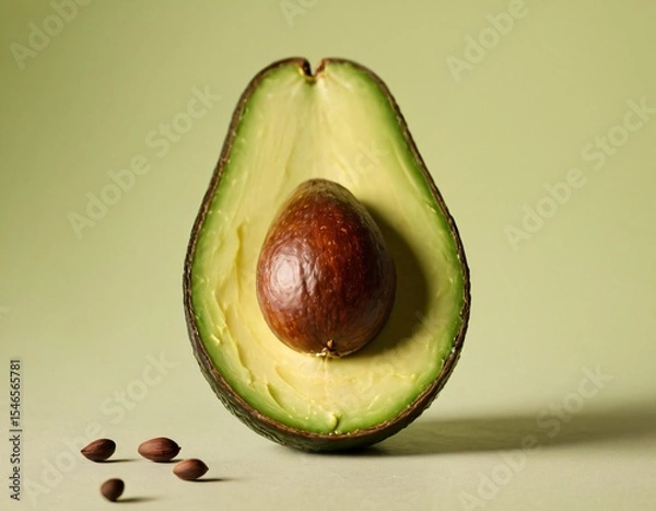 Fototapeta Fresh Avocado: A perfectly ripe avocado, sliced in half to reveal the vibrant green flesh and large seed, rests on a light green surface, ready to inspire healthy eating. Ai generated image