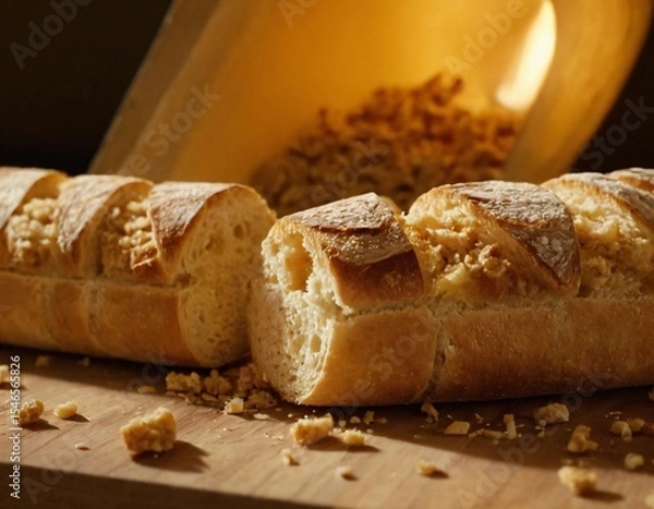 Fototapeta Artisan Bread: A close-up shot of freshly baked, golden-brown bread on a rustic wooden surface. The soft, fluffy interior is visible in the cut slices, Ai generated image