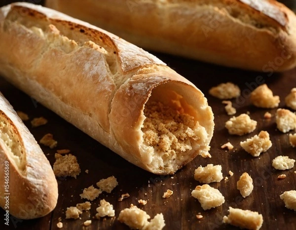 Fototapeta Crusty Bread: A close-up shot of freshly baked crusty bread with crumbs scattered on a wooden surface, enticing the viewer with its texture and tempting aroma. Ai generated image