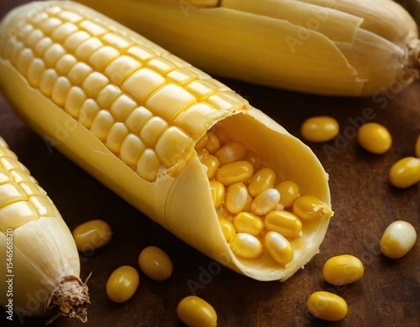 Fototapeta Golden Kernels Unveiled: A close-up shot showcases fresh corn cobs with their vibrant golden kernels, offering a tantalizing glimpse into nature's bounty. Ai generated image.