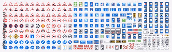 Fototapeta Traffic signs. International road signs set isolated on white background. Priority, warning, prohibition, mandatory, information, service and supplementary signs. Vector illustration. All main signs.