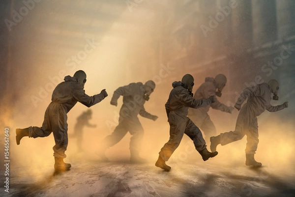Fototapeta Running people in a gas masks and protective suits. Environmental pollution concept. Dirty air with dust and noise, grunge effect.