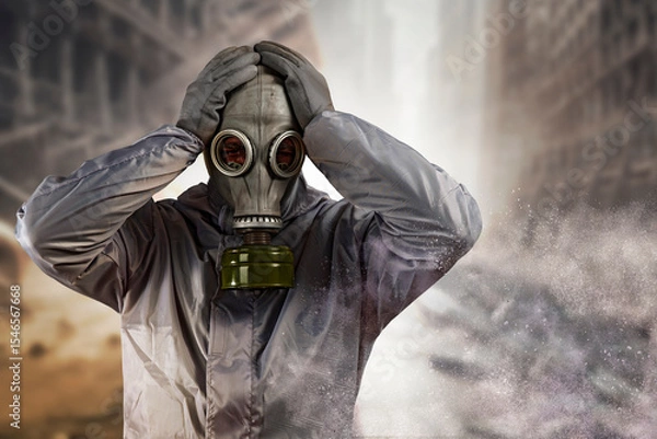 Fototapeta Post apocalyptic survivor man in a gas mask and protective suit
