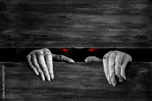 Fototapeta Mummy's hands wrapped in bandage rises through wooden boards. Background with copy space. Horrible glowing eyes stare out of the darkness of the risen dead mummy monster for Halloween horror concept .