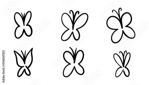 Fototapeta Set of hand drawn butterflies. Doodle style vector illustration. Sketch outline insects for spring, nature, or decorative design. Isolated black and white butterfly collection.