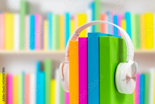 Fototapeta Books with headphones. Audiobook concept. Listening to lectures, learning languages, podcast, voicing literature