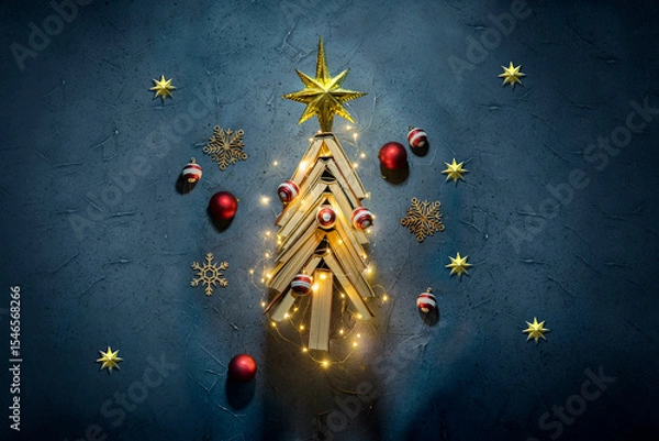 Fototapeta Vintage books arranged in a Christmas Tree shape on a dark blue background. New Year in the library concept. Literature for winter evenings during the holidays.