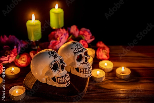 Fototapeta Skulls with decor for the holiday Day of the Dead. Dia de los Muertos altar surrounded by ornamented calavera, candles, flowers in the darkness. All Saints' Day evening