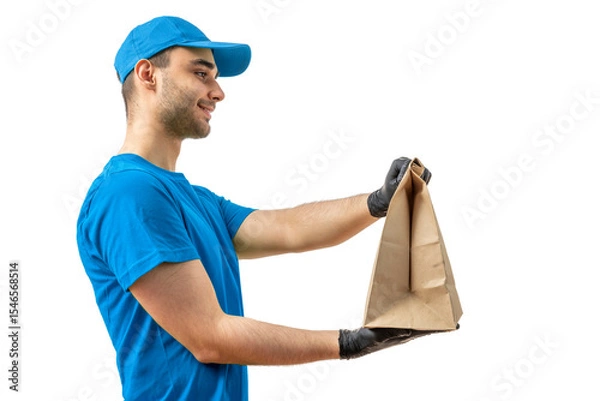 Fototapeta Delivery man with paper bag. Courier in uniform cap and t-shirt, gloves service fast delivering orders. Young guy holding a cardboard package. Character on isolated white background for mockup design