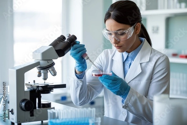 Obraz A female scientist uses a pipette to add a sample to a petri dish while using a microscope in a lab