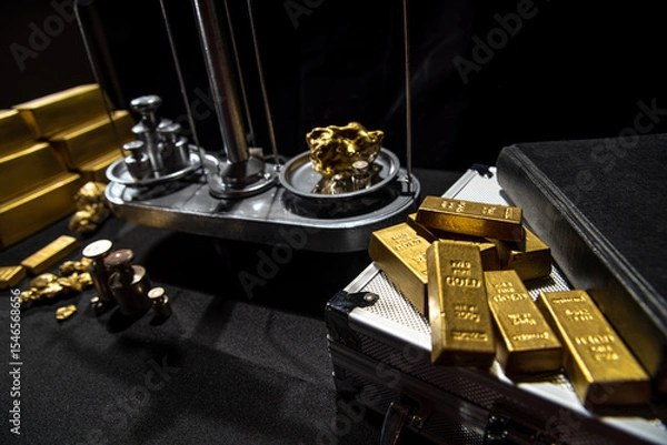 Fototapeta Gold and wealth concept. Weighing virgin gold nuggets. Bank gold bars. Gold reserve holdings. Savings and investments, business and finance