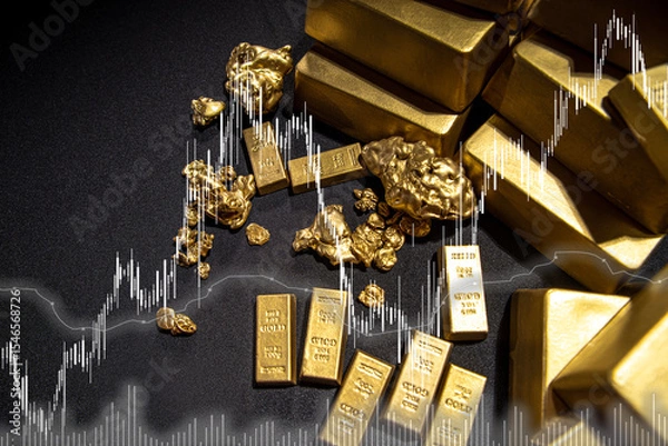 Fototapeta The price of gold on world exchanges, gold holdings concept. Savings and investments, business and finance