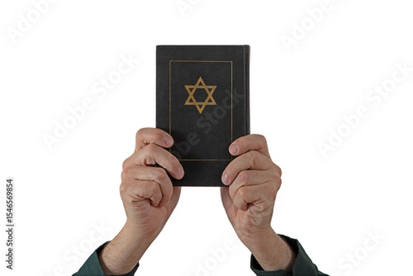 Fototapeta Hands and Hebrew Book Talmud with Star of David on a dark cover on isolated background. Rabbinic Judaism, Studying Jewish religious law. Torah, Hebrew Bible. Holy Scripture containing the word of God