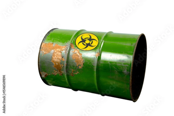 Fototapeta Barrel with toxic waste. Biohazard warning sign. Rusty dangerous barrel with pathogens, or other toxins on isolated background