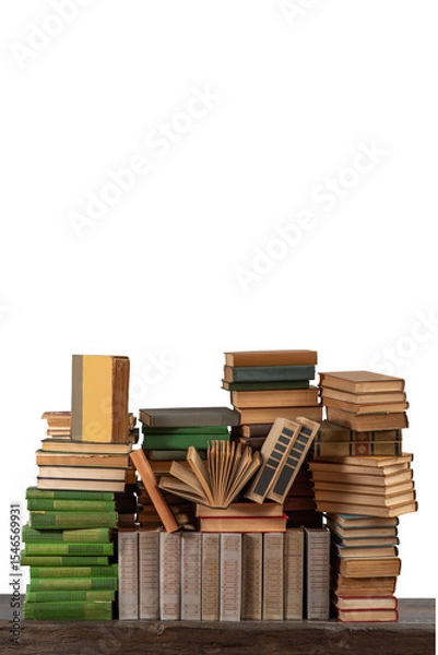 Fototapeta Stacks of many books on a shelf or table on an isolated background. Concept of library, reading, old classic literature
