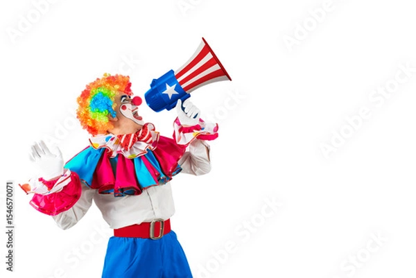 Fototapeta Funny clown shouting with loudspeaker. Entertainer Joker in colorful suit and wig. Trickster, jester, pantomime, mime, whiteface makeup. Professional actor at event, kids party, circus.