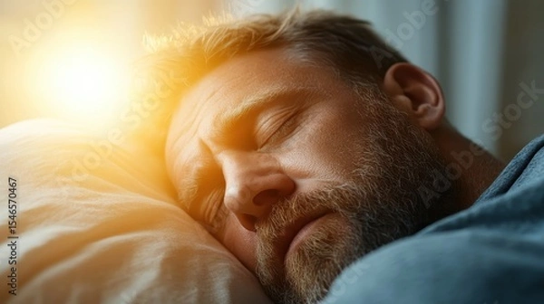 Fototapeta A serene image of a man sleeping peacefully on his pillow, bathed in warm sunlight, conveying tranquility and the beauty of restful moments in everyday life.