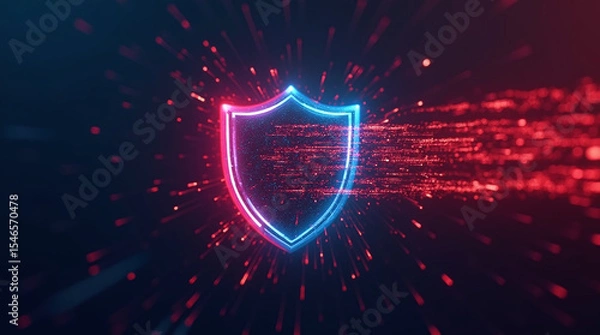 Fototapeta abstract representation of malware attack being blocked by firewall, glowing data pulses crashing into shield, red and blue lighting