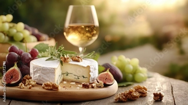 Fototapeta An exquisite cheese platter adorned with figs, grapes, and a glass of wine, portraying the essence of gourmet dining and the joy of sharing culinary delights.